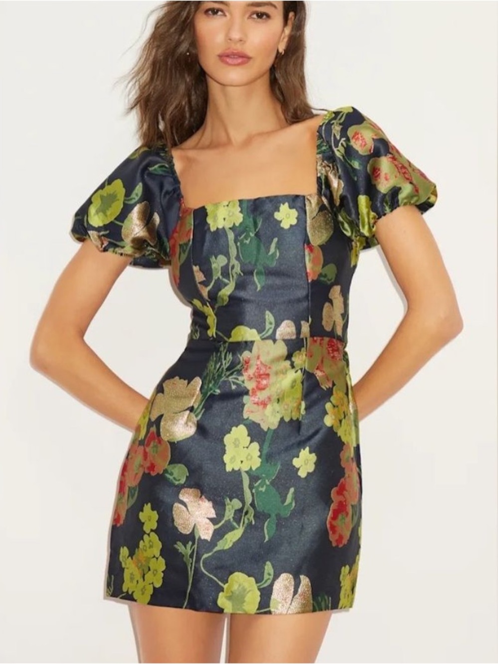NWT LULUS So Stunning blue floral puff sleeve metallic mini dress small NEW